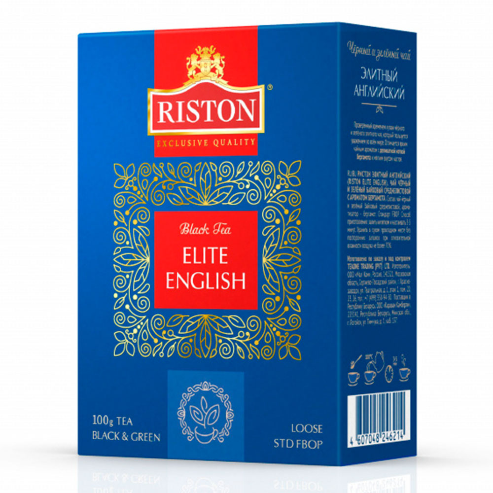 Чай Riston Elite English (Ристон Элитный английский) чёрный и зелёный с  ароматом бергамота, 100 г с доставкой по Москве по цене 109.00 руб. в  интернет-магазине